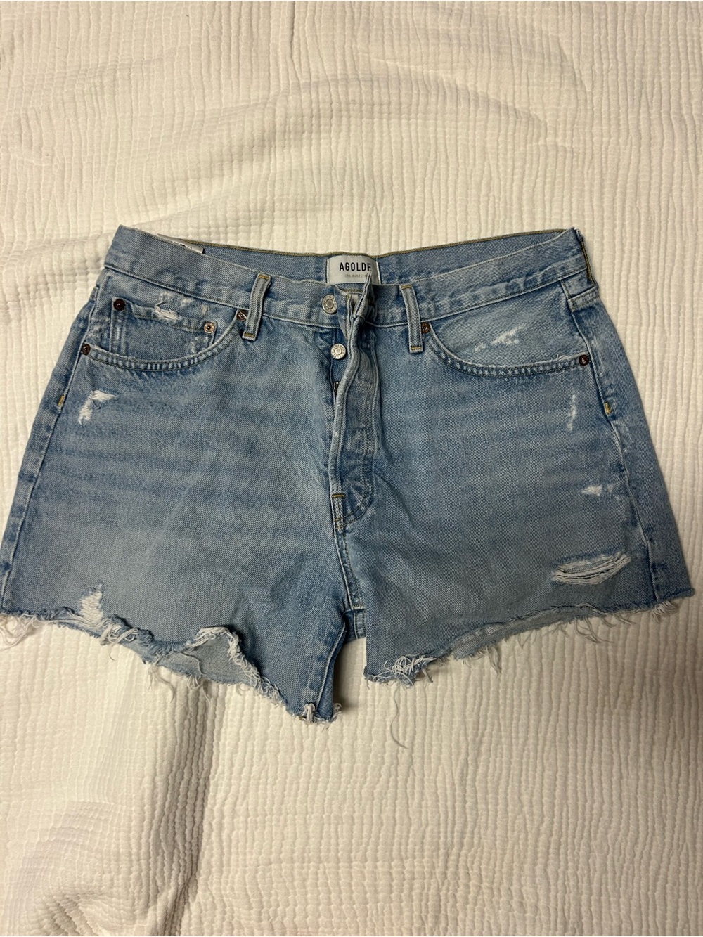 Agolde Light Blue Distressed Cutoff Denim Shorts
